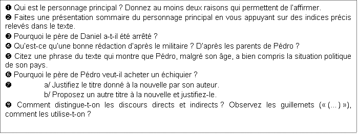 Zone de Texte:  Qui est le personnage principal ? Donnez au moins deux raisons qui permettent de laffirmer.
 Faites une prsentation sommaire du personnage principal en vous appuyant sur des indices prcis relevs dans le texte.
 Pourquoi le pre de Daniel a-t-il t arrt ?
 Quest-ce quune bonne rdaction daprs le militaire ? Daprs les parents de Pdro ?
 Citez une phrase du texte qui montre que Pdro, malgr son ge, a bien compris la situation politique de son pays.
 Pourquoi le pre de Pdro veut-il acheter un chiquier ?
 	a/ Justifiez le titre donn  la nouvelle par son auteur.
	b/ Proposez un autre titre  la nouvelle et justifiez-le.
 Comment distingue-t-on les discours directs et indirects ? Observez les guillemets ( () ), comment les utilise-t-on ?
